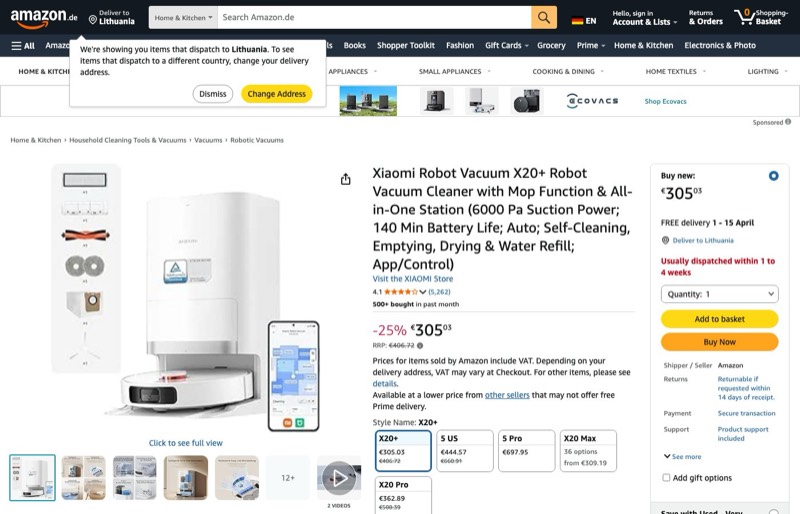 Xiaomi Robot Vacuum X20+ Absaugstation 4L/4L Frisch- & kaina Amazon.de — 305,03 €