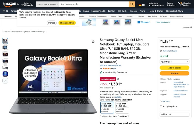 Samsung Galaxy Book4 Ultra 16" kaina Amazon.de — 1381,84 €
