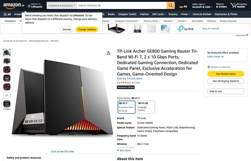 TP-Link Archer GE800 Gaming Router Tri-Band Wi-Fi 7 kaina Amazon.de — 379,00 €