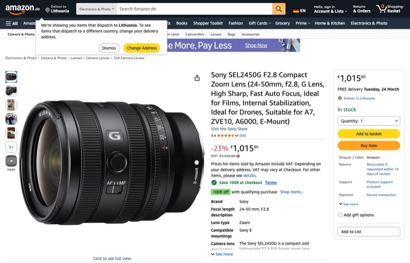 Sony SEL2450G F2.8 kompaktes Zoomobjektiv (24-50mm kaina Amazon.de — 1015,80 €