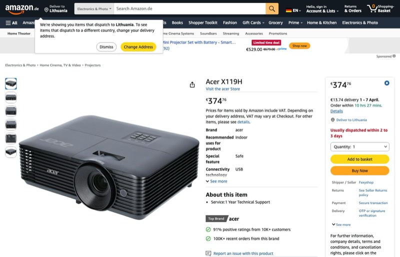 Acer X119H kaina Amazon.de — 374,76 €