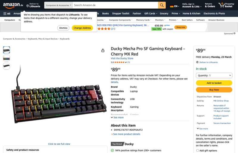 Ducky Mecha Pro SF Gaming kaina Amazon.de — 89,99 €