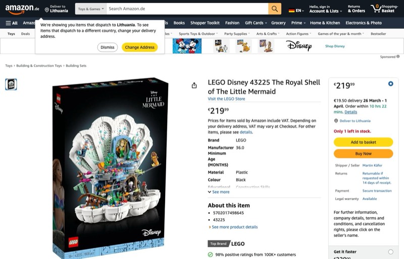 LEGO Disney The ROYAL Shell of The Little Mermaid 43225 kaina Amazon.de — 219,99 €
