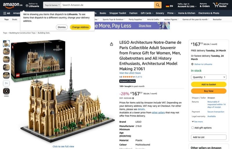 LEGO Architecture Notre-Dame 21061 kaina Amazon.de — 167,77 €