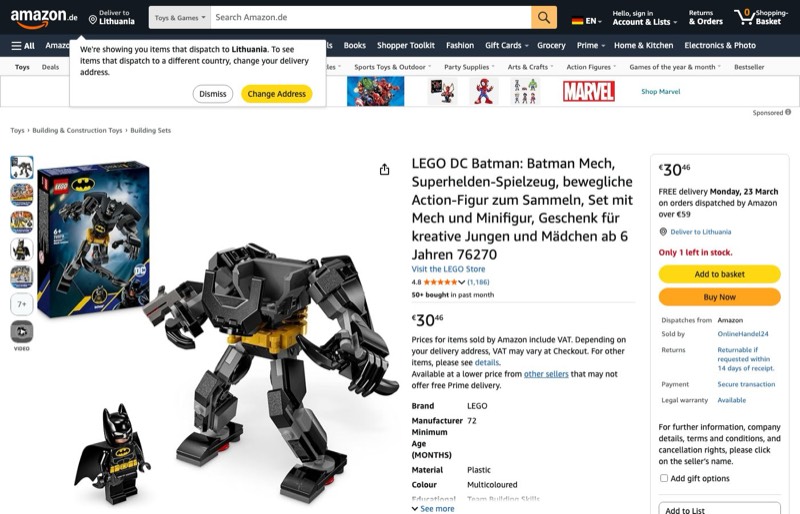 LEGO DC Batman Mech 76270 kaina Amazon.de — 30,46 €