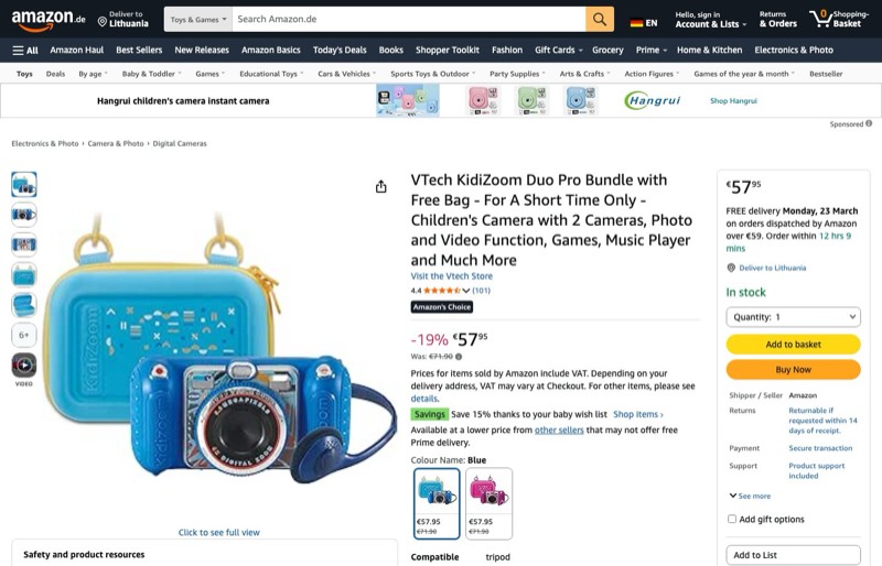 VTech KidiZoom Duo Pro kaina Amazon.de — 57,95 €