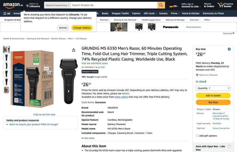 Grundig MS 6330 Electric Razor kaina Amazon.de — 26,43 €
