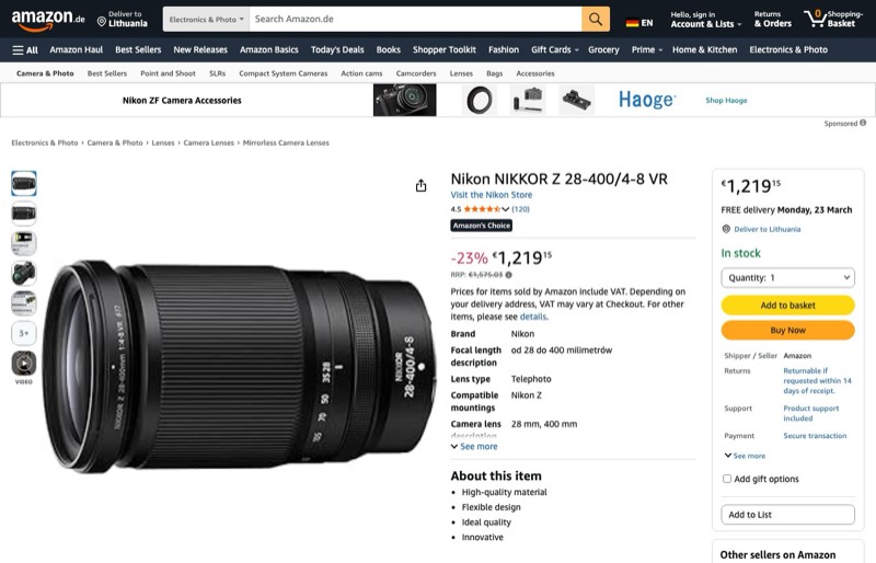 Nikon NIKKOR Z 28-400mm f/4-8 VR kaina Amazon.de — 1219,15 €