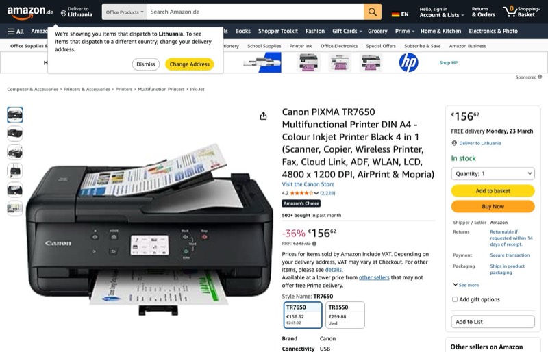 Canon PIXMA TR7650 Multifunktionsdrucker DIN A4 kaina Amazon.de — 156,62 €