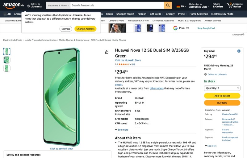 Huawei nova 12 SE Dual-SIM 8/256GB kaina Amazon.de — 294,86 €