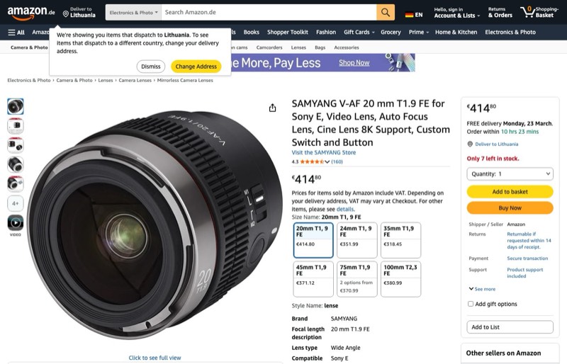 SAMYANG V-AF 20mm T1 kaina Amazon.de — 414,80 €