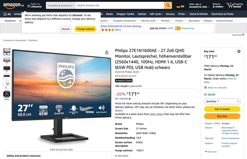 Philips 27E1N1600AE 27" QHD Monitor kaina Amazon.de — 171,84 €
