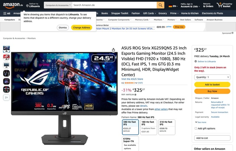 ASUS ROG Strix XG259QNS Esports Gaming ((24 kaina Amazon.de — 325,27 €