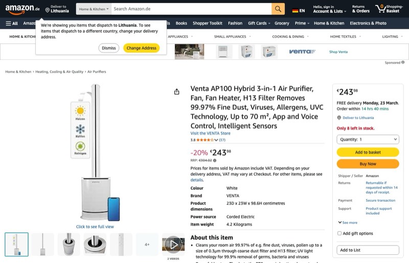 Venta AP100 Air Purifier kaina Amazon.de — 243,98 €