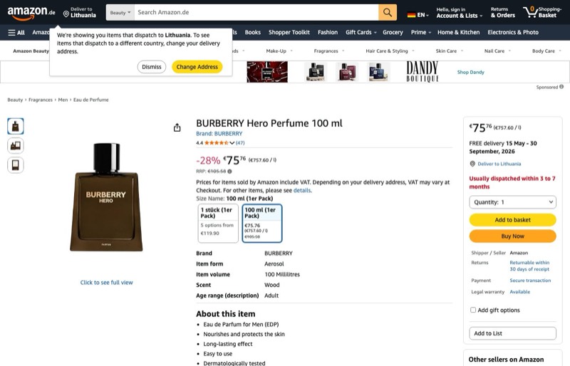 BURBERRY Hero Parfum 100 ml kaina Amazon.de — 75,76 €