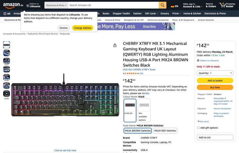 CHERRY XTRFY MX 3.1 QWERTY kaina Amazon.de — 142,34 €