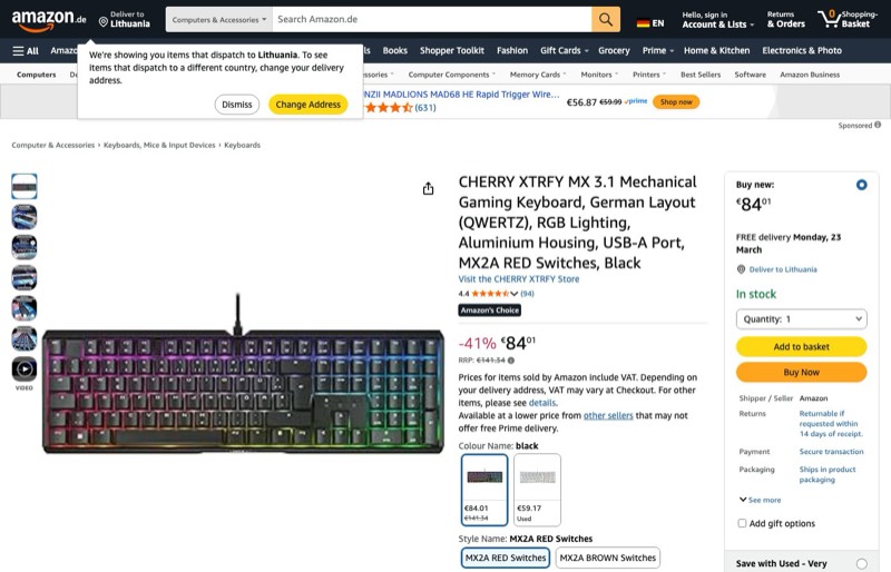 CHERRY XTRFY MX 3.1 QWERTZ kaina Amazon.de — 84,01 €