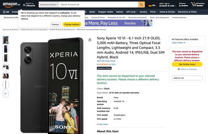 Sony Xperia 10 VI kaina Amazon.de — 492,58 €