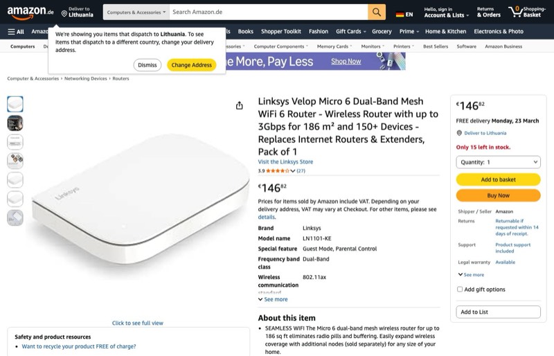 Linksys Velop Micro 6 Dual-Band Mesh WiFi 6-Router kaina Amazon.de — 146,82 €