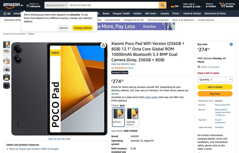 Xiaomi Poco Pad WiFi-Version 12 kaina Amazon.de — 274,52 €