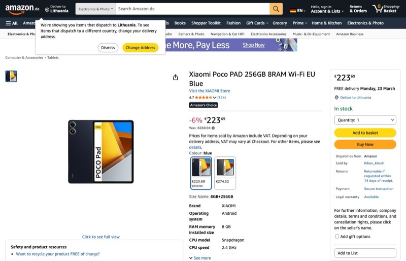 Xiaomi Poco PAD 256GB 8RAM Wi-Fi EU Blue kaina Amazon.de — 223,69 €