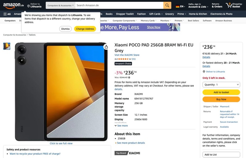 Xiaomi POCO PAD 256GB 8RAM Wi-Fi EU Grau kaina Amazon.de — 236,14 €