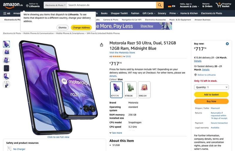 Motorola Razr 50 Ultra kaina Amazon.de — 717,74 €