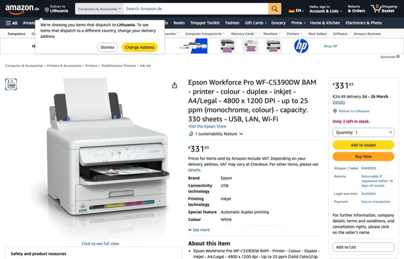 Epson Workforce Pro WF-C5390DW BAM kaina Amazon.de — 331,83 €