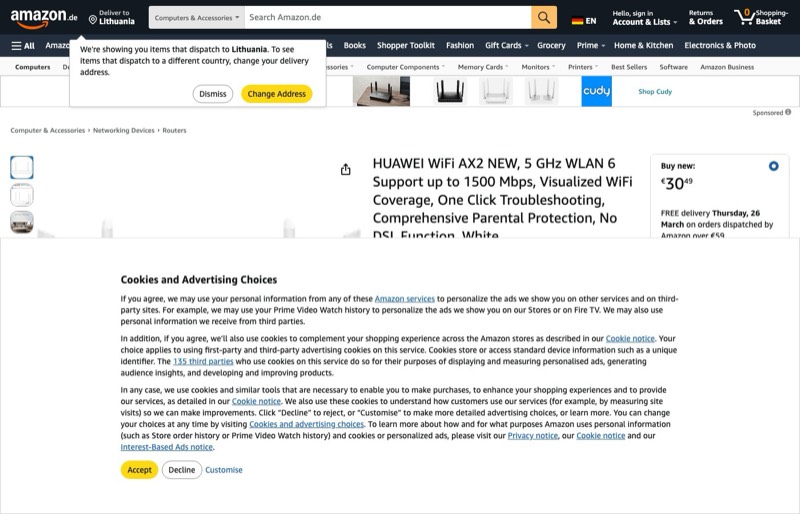 HUAWEI WiFi AX2 Router kaina Amazon.de — 30,49 €