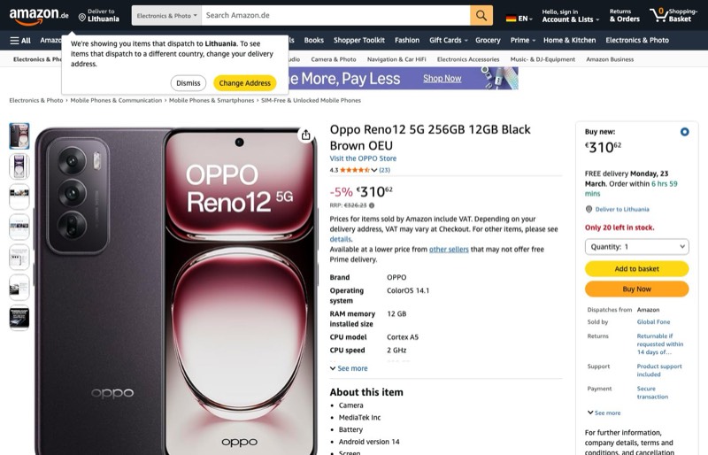 Oppo Reno12 256GB 12GB Brown OEU kaina Amazon.de — 310,62 €