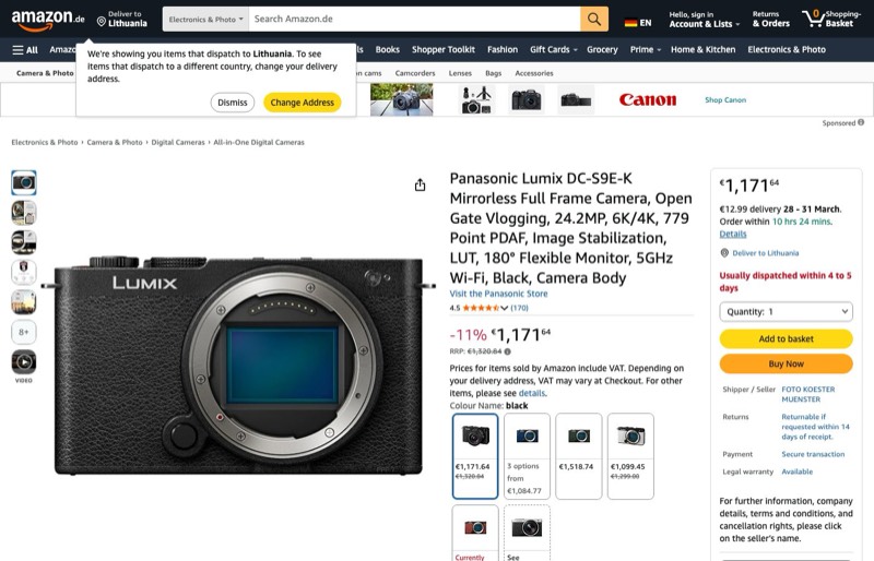 Panasonic Lumix DC-S9E-K Spiegellose Vollformatkamera kaina Amazon.de — 1171,64 €