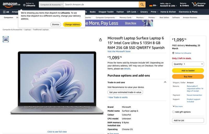 Microsoft Surface 6 15" Intel Core Ultra 5 135H 8 GB RAM kaina Amazon.de — 1095,76 €