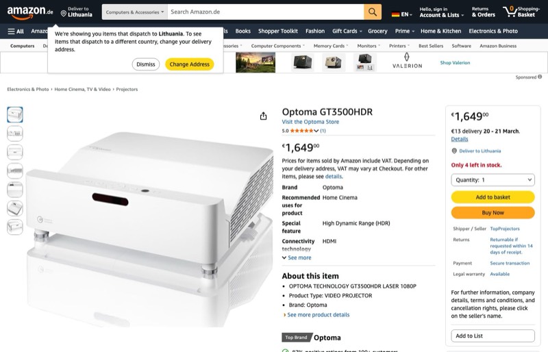 Optoma GT3500HDR kaina Amazon.de — 1649,00 €