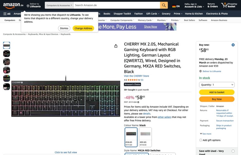 CHERRY MX 2.0S kaina Amazon.de — 58,65 €