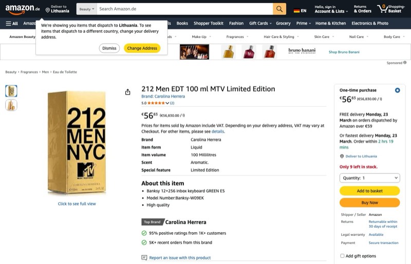 212 Men EDT 100 ml MTV Limited Edition kaina Amazon.de — 56,83 €