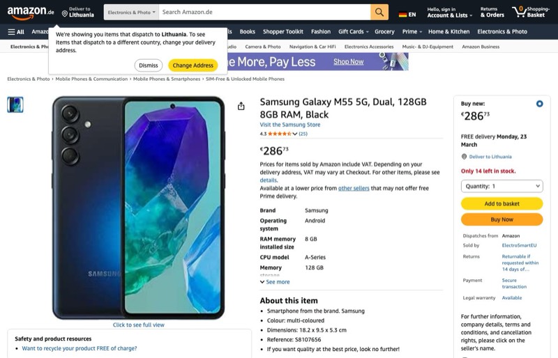 Samsung Galaxy M55 kaina Amazon.de — 286,73 €