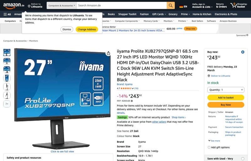 iiyama Prolite XUB2797QSNP-B1 68 kaina Amazon.de — 243,02 €