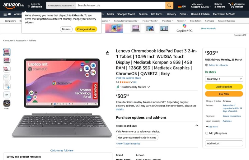 Lenovo Chromebook IdeaPad Duet 3 kaina Amazon.de — 305,03 €