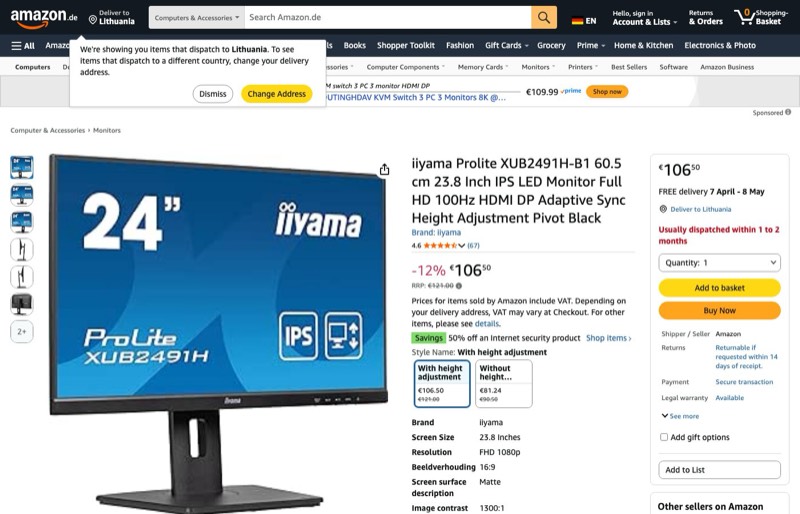 iiyama Prolite XUB2491H-B1 60 kaina Amazon.de — 106,50 €