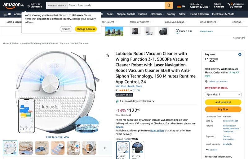 Lubluelu SL68 Robot Vacuum kaina Amazon.de — 122,00 €