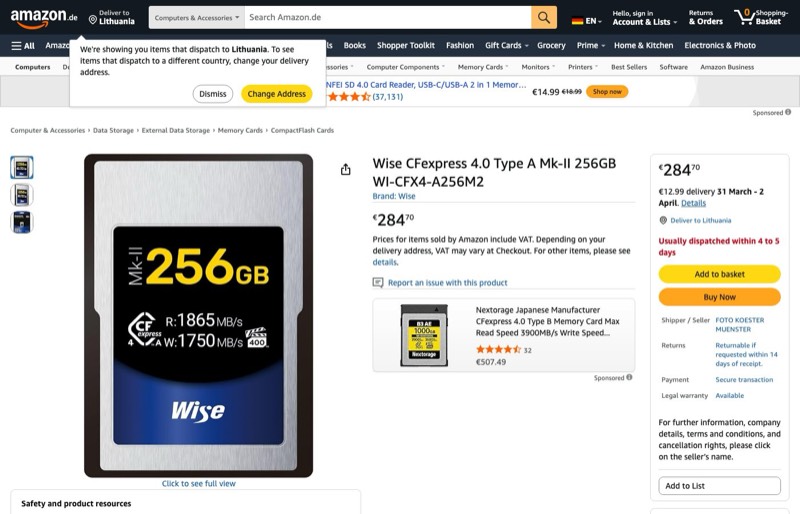 Wise CFexpress 4.0 Type A Mk-II 256GB WI-CFX4-A256M2 kaina Amazon.de — 284,70 €