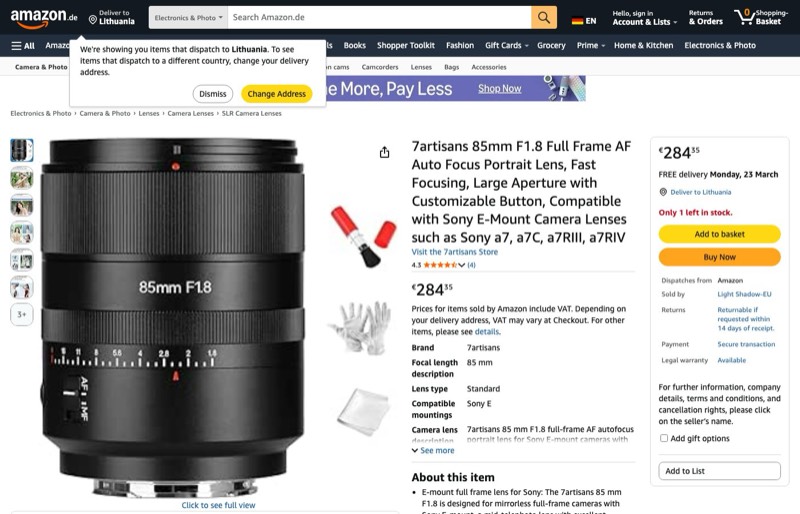 7artisans 85mm F1.8 Vollformat-AF-Autofokus-Porträtobjektiv kaina Amazon.de — 284,55 €