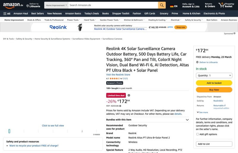 Reolink 4K Solar Überwachungskamera Aussen kaina Amazon.de — 172,84 €