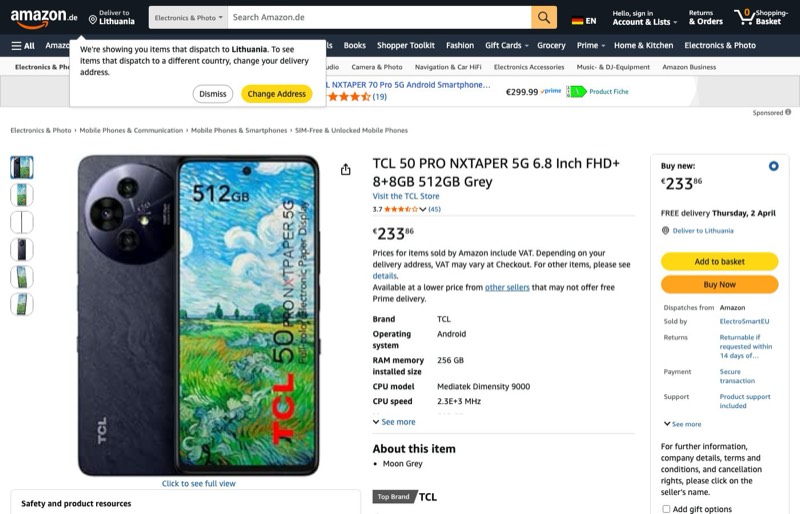 TCL 50 PRO NXTPAPER 6.8" FHD+ 8+8GB 512GB kaina Amazon.de — 233,86 €