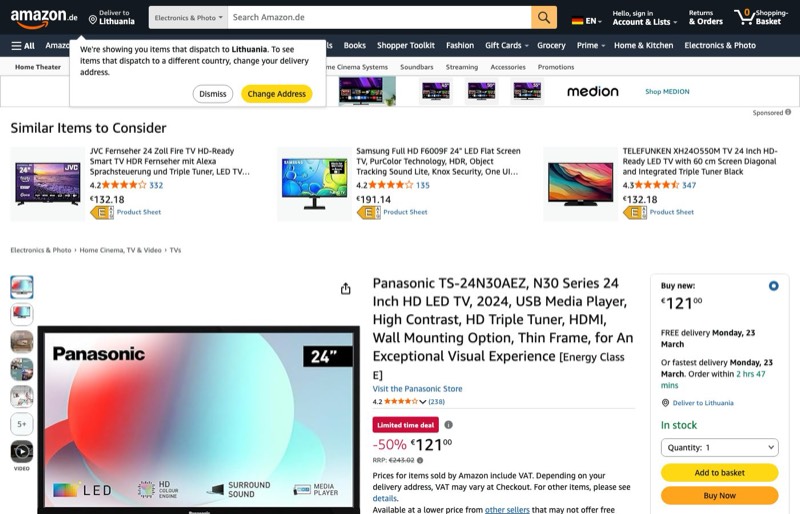 Panasonic 24" HD LED TV kaina Amazon.de — 121,00 €