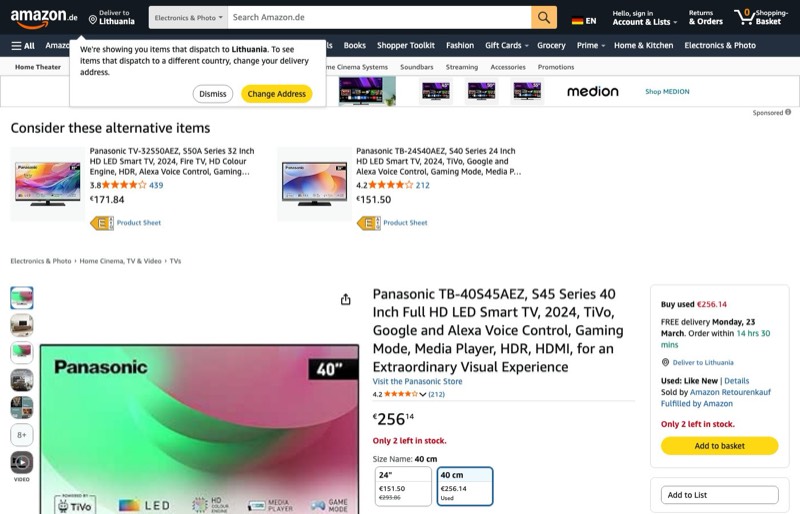 Panasonic TB-40S45AEZ kaina Amazon.de — 256,14 €