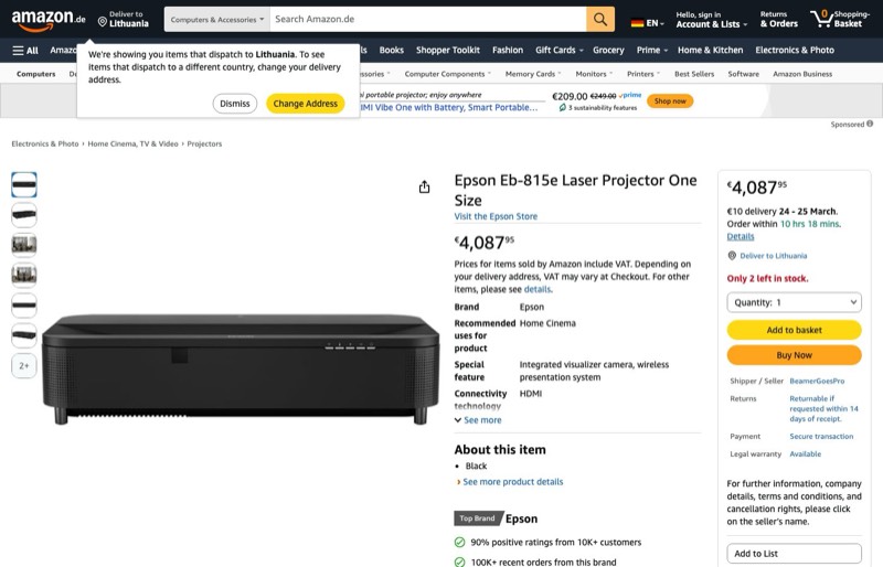 Epson Eb-815e Laser Projector One Size kaina Amazon.de — 4087,95 €