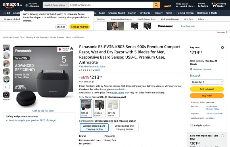 Panasonic ES-PV3B Series 900s Razor kaina Amazon.de — 213,52 €