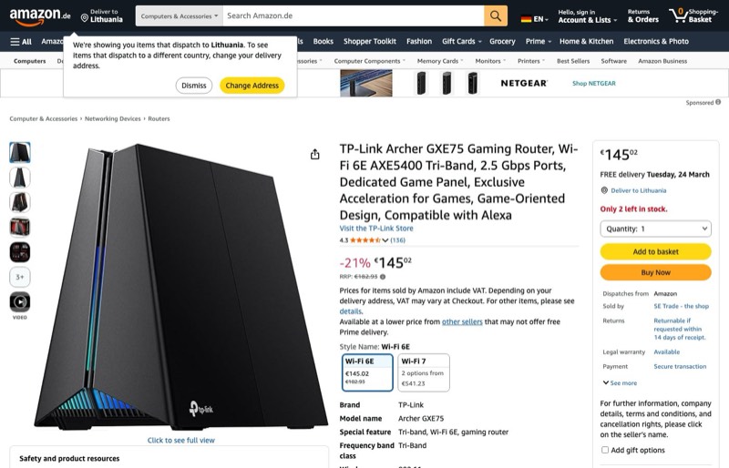 TP-Link Archer GXE75 Gaming Router kaina Amazon.de — 145,02 €