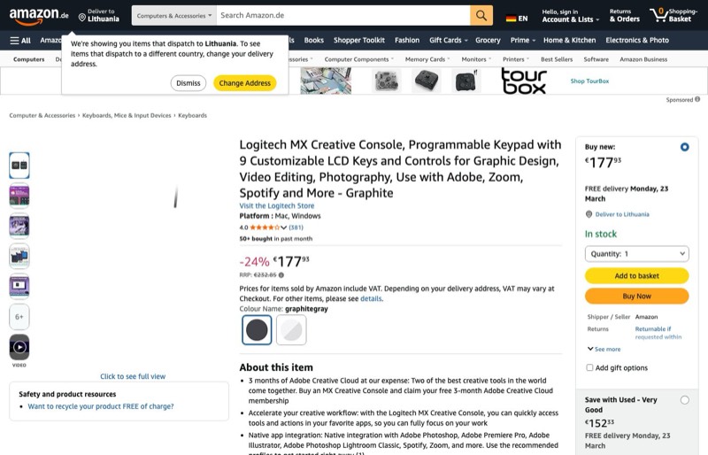 Logitech MX Creative Console kaina Amazon.de — 177,93 €